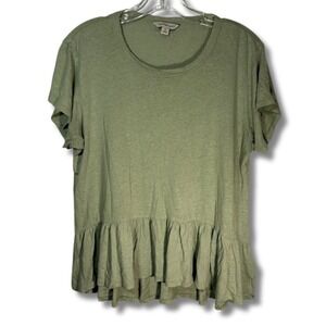 Calvin Klein M Green Linen Blend Ruffled Hem T-Shirt Babydoll Peplum Hi Low Top